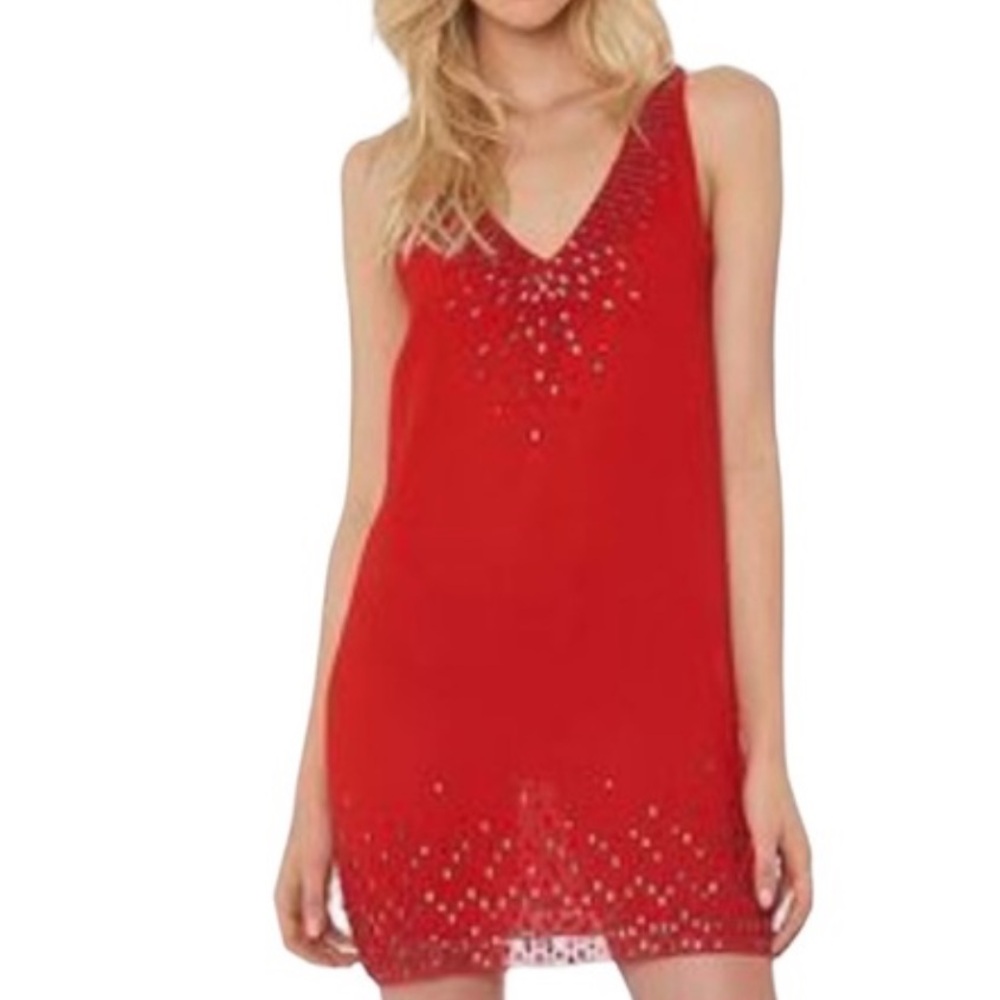 Sam Edelman Sleeveless Mini Sheath Dress in Lip Red “Graphic Play” Embellished